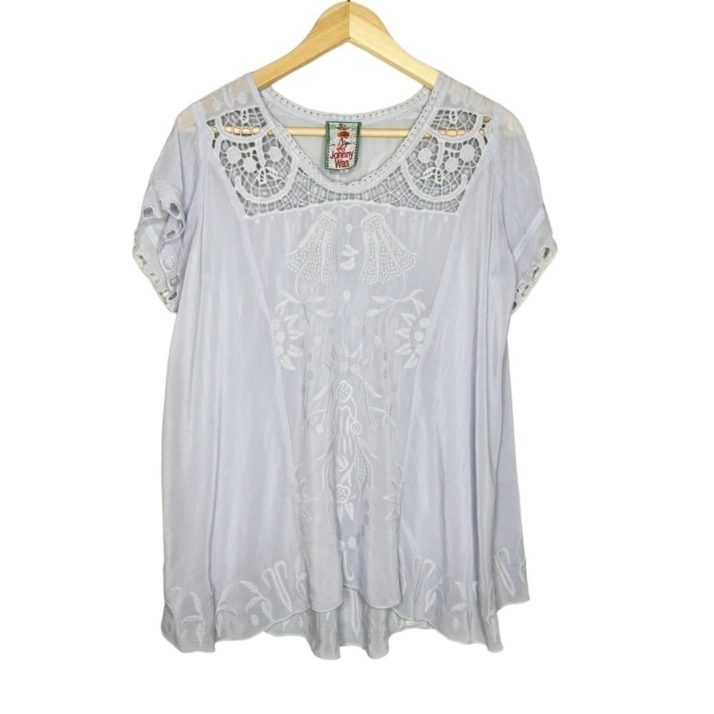 Johnny Was Victoria Lilac Short Sleeve Eyelet and Embroidered Blouse